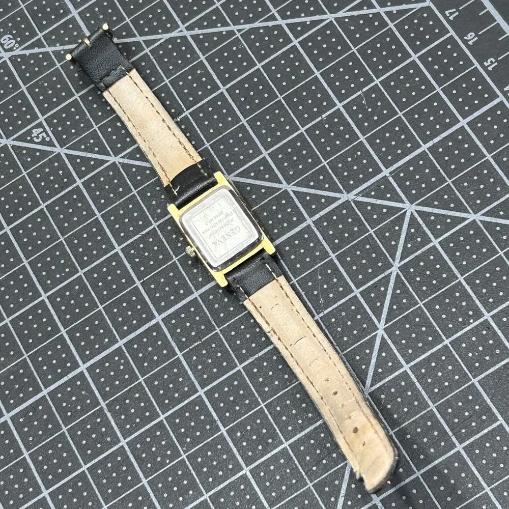 Geneva Quartz Watch Gold‎ Tone Rectangular Case Black Leather Band Japan Movt